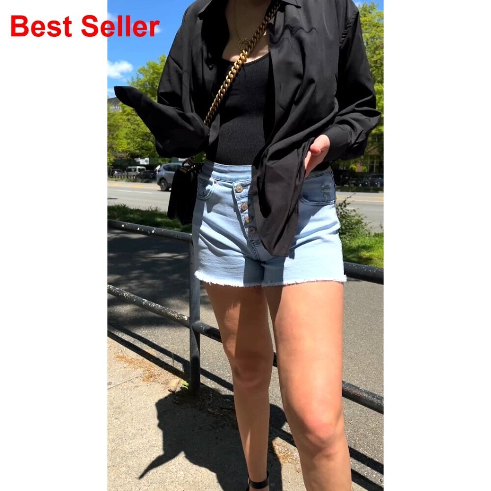 Stretch Denim Jean Shorts with Button Pockets for Summer - Picture 5 of 7
